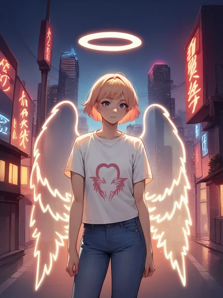 score_9, score_8_up, score_7_up, score_6_up, score_5_up, source_anime, <lora:n30nw1ngsXLP2:0.8> n30nw1ngs, neon light wings, wings, angel, cityscape, jeans, t-shirt, multicolored, halo,