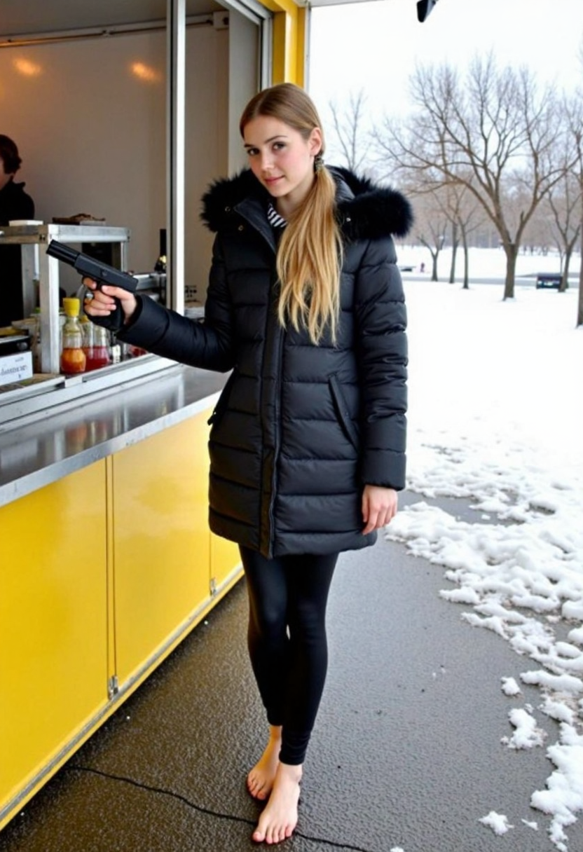 Young woman, early 20s, casual winter attire, wearing a black puffer jacket with a faux fur hood, tight black pvc leggings, no shoes, barefoot on wet snowy ground. She stands at a food stall outdoors, holding a handgun right hand, left hand gesturing at viewer. Blonde long ponytail, natural makeup. Background shows a park, snow-covered ground, footprints, overcast weather, trees in distance, wintery atmosphere