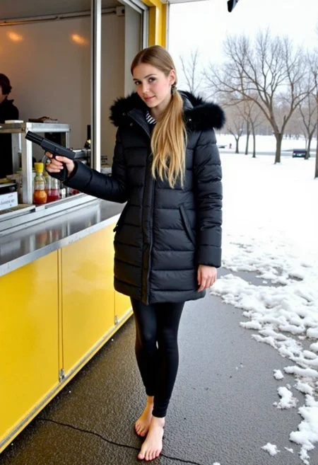 Young woman, early 20s, casual winter attire, wearing a black puffer jacket with a faux fur hood, tight black pvc leggings, no shoes, barefoot on wet snowy ground. She stands at a food stall outdoors, holding a handgun right hand, left hand gesturing at viewer. Blonde long ponytail, natural makeup. Background shows a park, snow-covered ground, footprints, overcast weather, trees in distance, wintery atmosphere