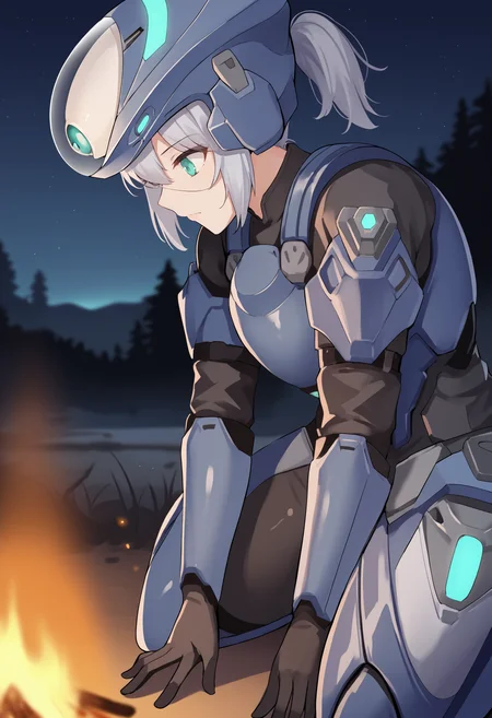 score_9, score_8_up, score_7_up, source_anime BREAK 1girl, solo, <lora:product08-nikke-richy-v1_pdxl:1> prdct08, aqua eyes, helmet, silver hair, ponytail, blue armor, black bodysuit, gloves, sitting, outdoors, post-apocalypse, science fiction, campfire, dark, darkness, night, night sky, black sky