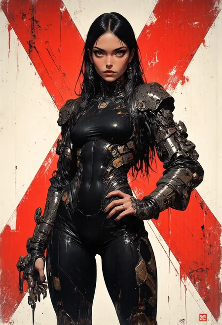 a strong young woman with a sleek, muscular legs. She has long, straight black hair, beautiful eyes, wearing a tight, glossy dark bodysuit with metallic accents and arm straps, emphasizing her athletic figure. The background features a bold red 'X' with a distressed, industrial texture, creating a dynamic and intense atmosphere. Super highly detailed, with sharp lighting and shadows