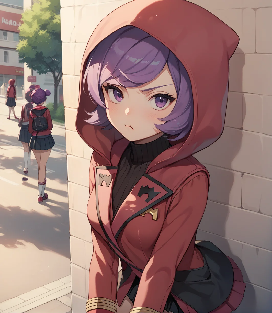 score_9,score_8_up,score_7_up,score_6_up,source anime BREAK,
1girl, courtney (pokemon), purple hair, swept bangs, eyelashes, purple eyes, short hair, medium breasts,
hood, hoodies, school uniform, pleated skirt, thighhighs, neckerchief, 
outdoors, pout, street,
 <lora:courtney_v1_0:1>