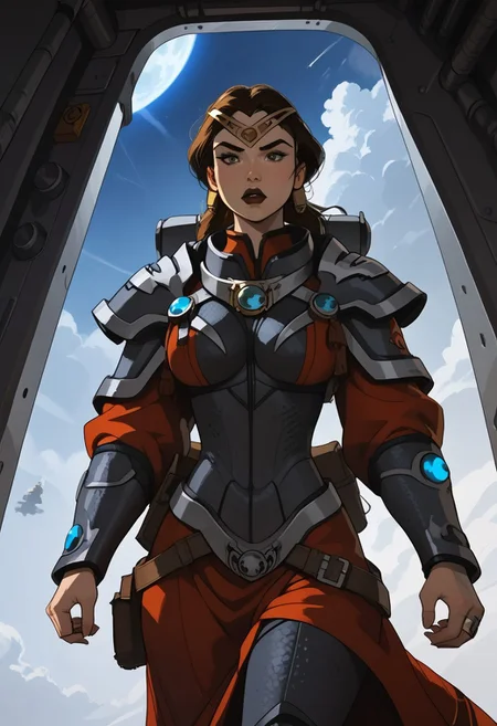 Marlena_BA, battle armor, unique angle, unique perspective, dramatic angle, a girl, long hair, ponytail, brown hair, glowing green pupils eyes, black lips, big breasts, wide hips, rings, mascara, dynamic action pose, indoor, in space ship, in hangar. all dark, scenery, cinematic lighting, volumetric lighting
BREAK
score_9, score_8_up, score_7_up, rating_explicit