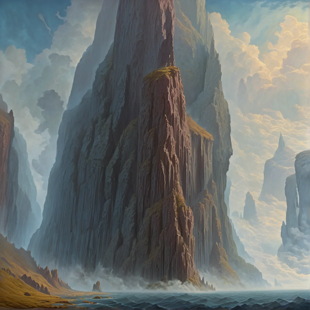 best quality, highres, film still illustration of Sundering Cliffs - The Split World
Two colossal cliffs rise from a sea of mist, their surfaces etched with ancient runes; between them, a chasm plunges into an abyss where clouds churn like a tempest.