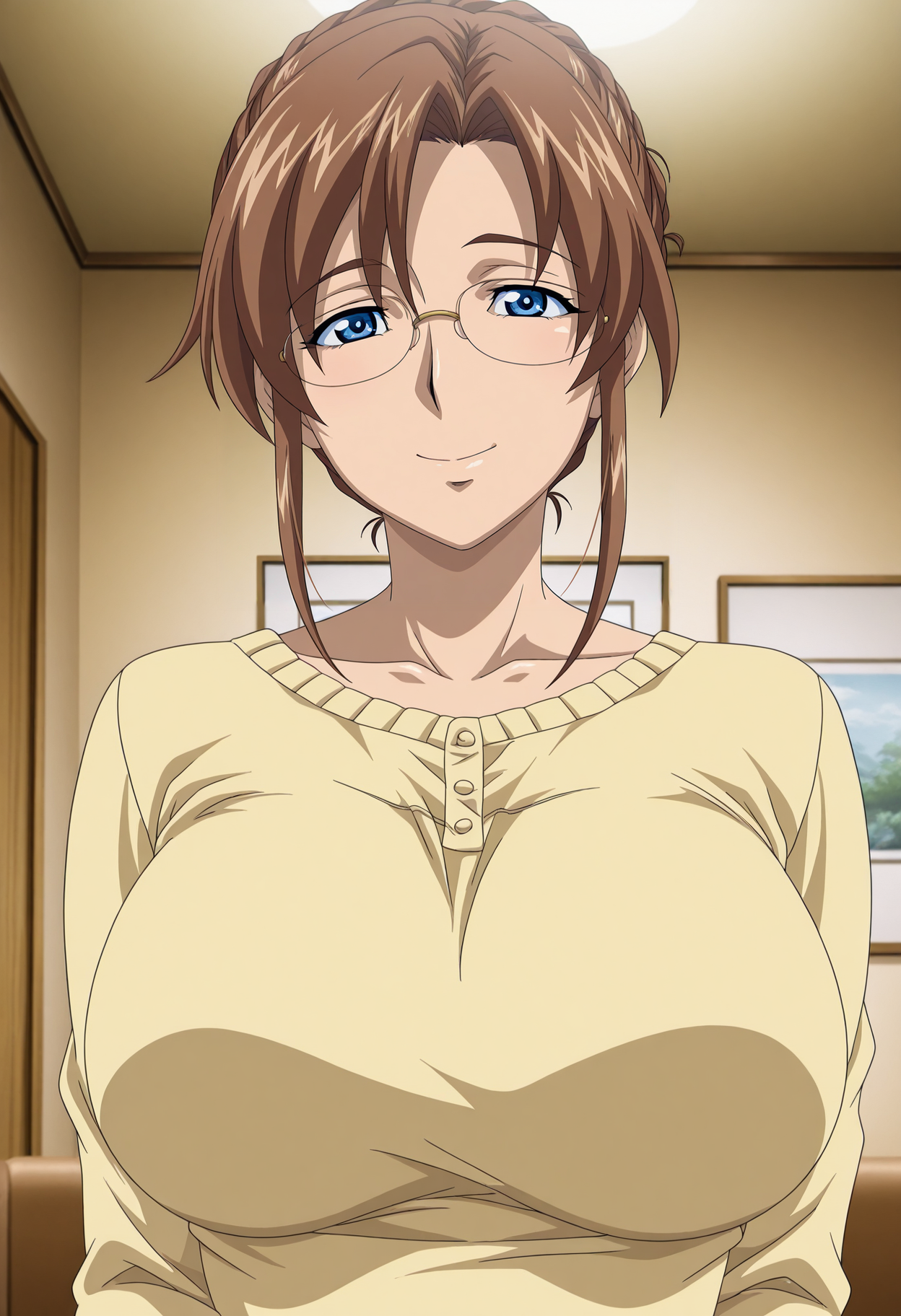 1girl,solo,misako,mature female,glasses,brown hair,blue eyes,large breasts,anime coloring,
shirt,upper body,looking at viewer, smile,indoors
,masterpiece,best quality,amazing quality,<lora:Misako_Takakura-Ayatsuri_Haramase_DreamNote_ix:0.8>