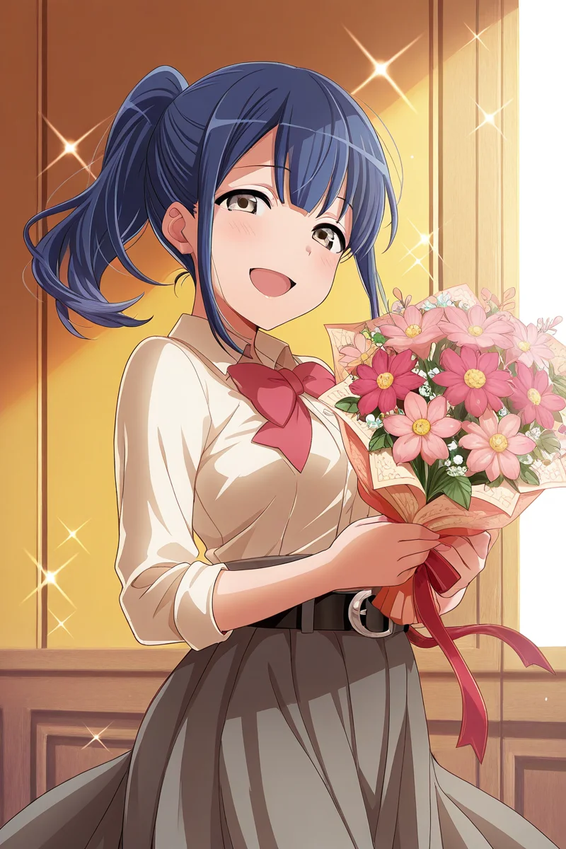 masterpiece, best quality, amazing quality,
 <lora:Kaoruko_IL:1> kaoruko, 1girl, flower, bouquet, smile, solo, open mouth, ponytail, blue hair, skirt, sparkle, looking at viewer, holding bouquet, belt, holding