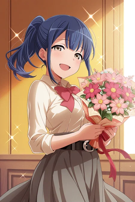 masterpiece, best quality, amazing quality,
<lora:Kaoruko_IL:1> kaoruko, 1girl, flower, bouquet, smile, solo, open mouth, ponytail, blue hair, skirt, sparkle, looking at viewer, holding bouquet, belt, holding