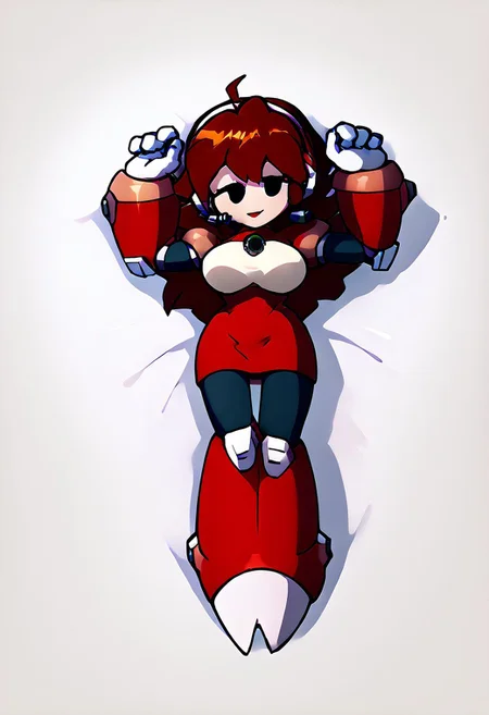 score_4, score_5, score_6, score_9, score_8_up, score_7_up, source_anime, megamanreploid, android, gloves, armor, bodysuit, robot ears, headset, white gloves, Alia's bodysuit, red dress, mecha dress, armored dress, GF FNF, ahoge, slight smile, big breast, purple micro skirt, sexy pose, lying down, high quality, masterpiece, perfect lighting.