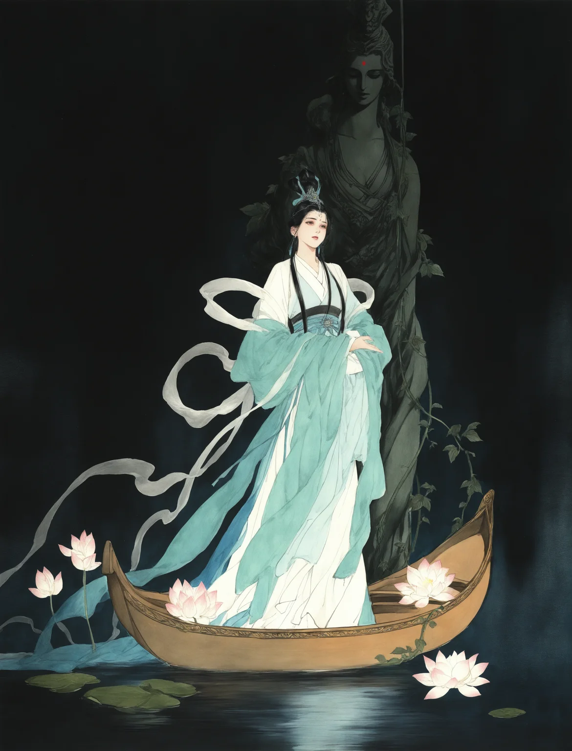 dark background, vines, white lotus, huge goddess statue lies behind,
1girl, solo, long hair, black hair, long sleeves, hanfu, shawl, hagoromo, jewelry, forehead mark,
standing on canoe,
traditional media,
masterpiece, absurdres,
<lora:freehandink_V1:1>