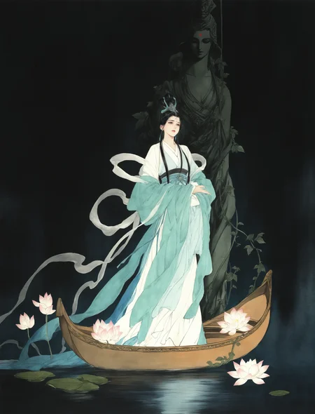dark background, vines, white lotus, huge goddess statue lies behind,
1girl, solo, long hair, black hair, long sleeves, hanfu, shawl, hagoromo, jewelry, forehead mark,
standing on canoe,
traditional media,
masterpiece, absurdres,
<lora:freehandink_V1:1>