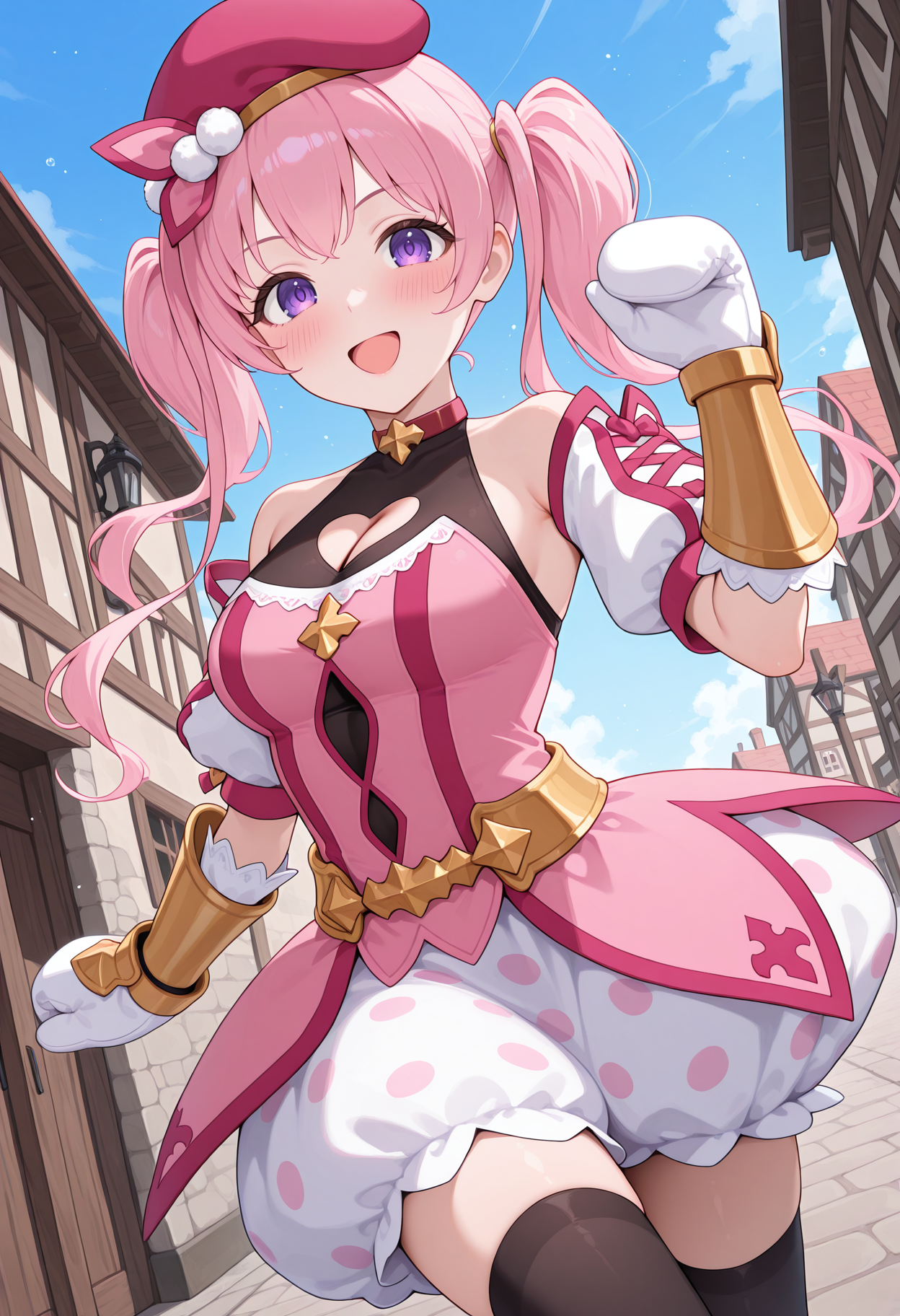 highres, best quality, masterpiece, street, outdoors, medieval, blue sky,
1girl, solo, pcrmugi, pink hair, long hair, twintails, purple eyes,
pmugidef, beret, red choker, pink dress, striped dress, red stripes, chain, strapless dress, sleeveless shirt, black shirt, heart cutout, cleavage cutout, bare shoulders, detached sleeves, puffy short sleeves, white sleeves, cross-laced sleeves, white mittens, vambraces, gloves, gold belt, gold chain, pom pom \(clothes\), polka dot skirt, bubble skirt, white skirt, black thighhighs, overskirt,
looking at viewer, blush, smile, open mouth,
dynamic pose, dutch angle, hand up,
<lora:_tsumugi_pcr-elesico-ilxlB:1>