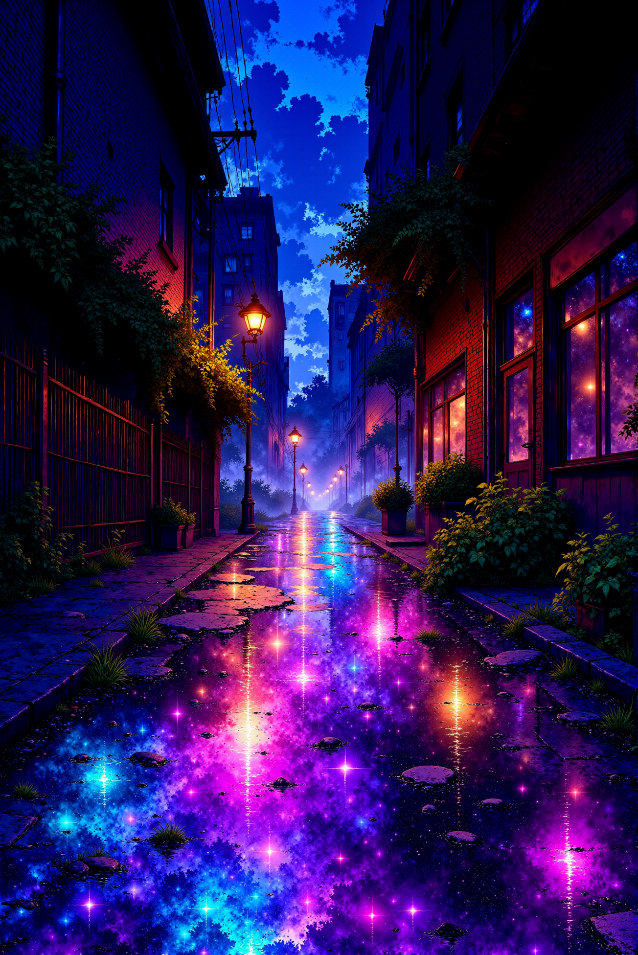 <lora:Vibrantly_Sharp_style_v.5:0.9>  Rainy Alleyway with a Cosmic Reflection. A dimly lit urban alleyway glistens under the glow of neon streetlights, its rain-slicked pavement mirroring the colors of the cosmos. Puddles ripple with soft distortions, reflecting a surreal blend of deep purples, electric blues, and warm pinks, resembling a portal to another realm. Droplets of water cling to lush, overgrown foliage along the edges, their presence adding a subtle organic contrast to the angular architecture of the narrow alley. The air is thick with mist, diffusing the distant glow of streetlights and lending a moody, cinematic atmosphere to the scene. This dreamlike urban fantasy composition captures a fusion of realism and magic, transforming an ordinary rainy night into a celestial wonderland.