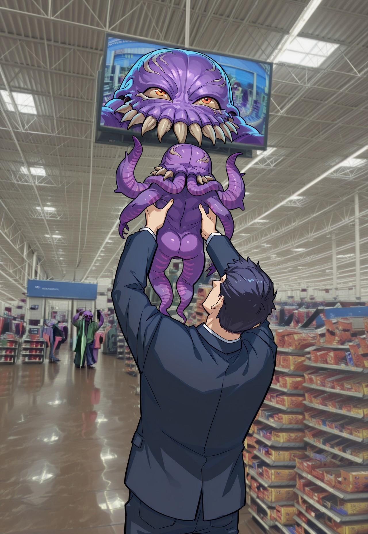 masterpiece, best quality, amazing quality, showing_baby_to_a_supermarket_camera_(meme), screen, television, lifting person, 1boy, 1other,ultros, monster, from behind, looking up, 