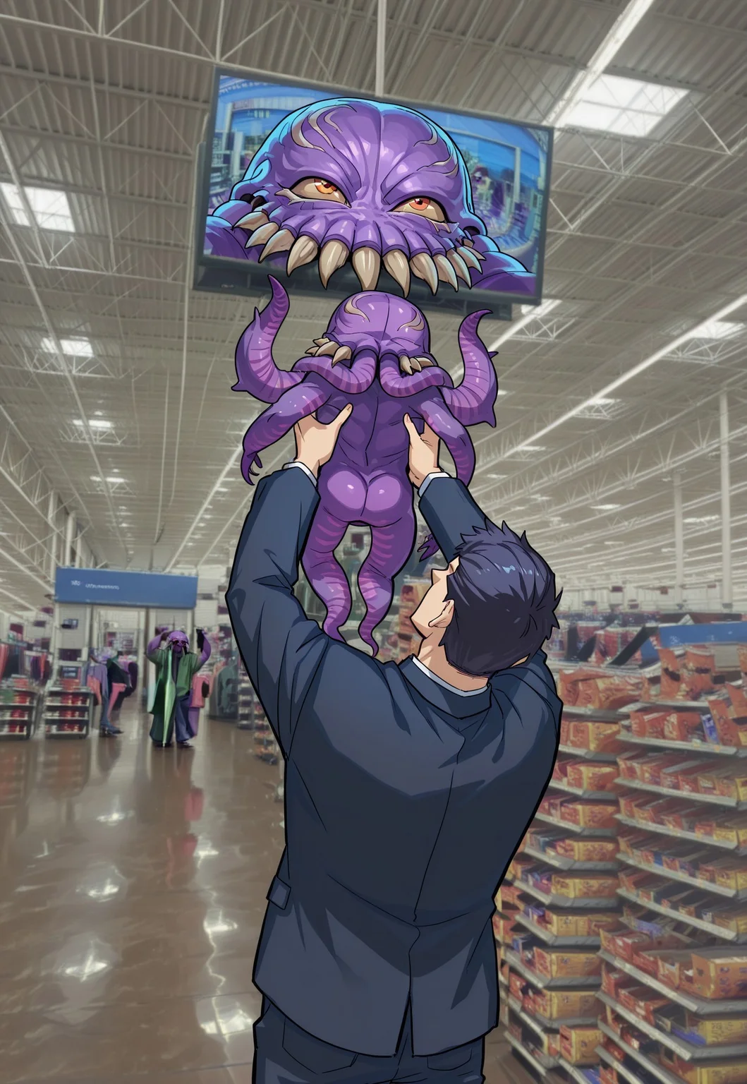 masterpiece, best quality, amazing quality, showing_baby_to_a_supermarket_camera_(meme), screen, television, lifting person, 1boy, 1other,ultros, monster, from behind, looking up,