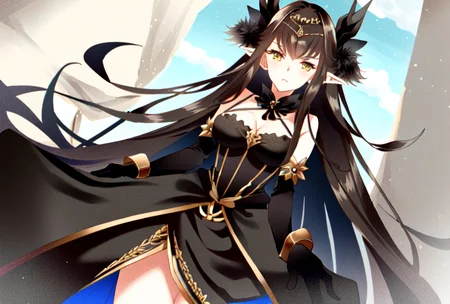 semiramis \(fate\), black dress, black fur trim, bridal gauntlets, ((masterpiece)), <lora:char-semiramis-fate:0.7>