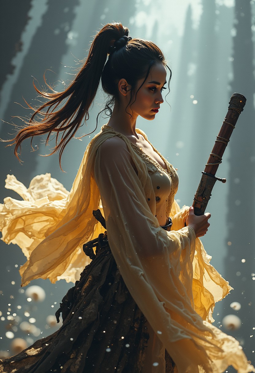 Atmospheric lighting, volumetric lighting, CloseUp, Upper Body Shot, FredFraiStyle inspired buxom Female ninja with wooden staff Standing Battle ready with a Natural powerful weapon, Cleavage, vibrant pastel colored in Grey, White and DARK yellow, Highly detailed analog photo close-up action scene of a woman in billowing transparent hanfu. The focus is on her staff, showcasing the reddish blur of light that trails with the swift motion of the weapon, capturing the dynamic speed of the fighter. Pressure Wave, floating particles, very detailed physic, The scene is set in a misty, fog-filled night with a desaturated color palette. The background is hazy, while motion streaks and dynamic lighting enhance the sense of speed and intensity, with the knight’s glow piercing through the mist.