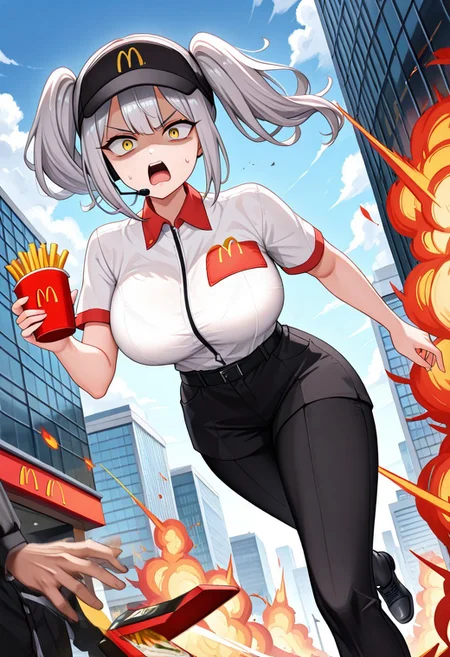 masterpiece, best quality,
belorta, twintails, short hair, gray hair, big breast, yellow eyes, shaded face, scared,
mac, McDonald's uniform, black uniform, black hat, headset, holding hamburgers, angry mob, running, explosion in background, building on fire, fighter plane in background, cloudy skies, motion blur, dynamic pose, running pose, holding french fries, black pants, looking behind, speed lines,