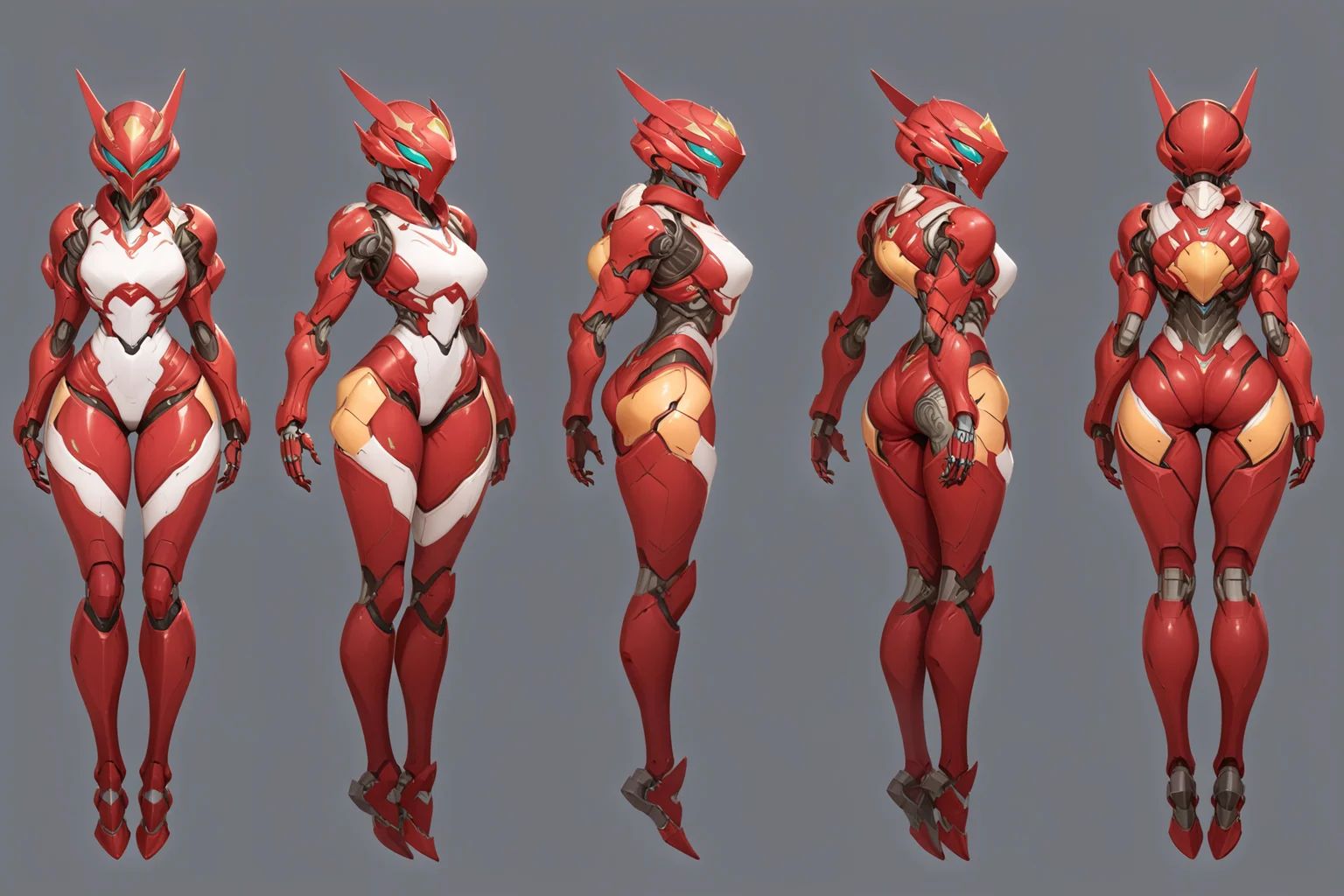 (GENERAL:0), mecha, robot, masterpiece, best quality, very aesthetic, absurdres, solo, standing,
(VIEWS:0), full body character turnaround of mecha,
Multiple views of the same mecha, (simple background, white background:1.2), multiple views, side view, back view, front view,
,
mask, helmet,
(Creature Ref:0),
Bongo\(animals\)
ï¼
(Mecha Ref:0),
Metroid Samus Aran power suit,
plate armor, power suit, alien,
android, cybersuit, upper armor, mechanical arms, machinery, prosthesis,
(bodyshape:0), Compact build body,
(clothing:0), (Gingham print off-the-shoulder dress:0.6),
(red
fantastic theme character design:1.1),
<lora:MechTurnXLRemix_v1:.5>
<lora:MechTurnXL_v1:.5>
<lora:ClothTurnXLRemix_v1-000004:.25>
<lora:ClothTurnXL_v1-000004:0.25>
<lora:CharTurnXL_v2:0.25>
<lora:xl_more_art-full_v1:.25>,
<lora:Alphonse Mucha Style:.1>, Alphonse Mucha Style page
<lora:å½é£æç»SDXL:.1>
<lora:mecha:.2><lora:EnvyMechaGirlXL01:.5> <lora:EnvyMechaGirlXL02:.38>