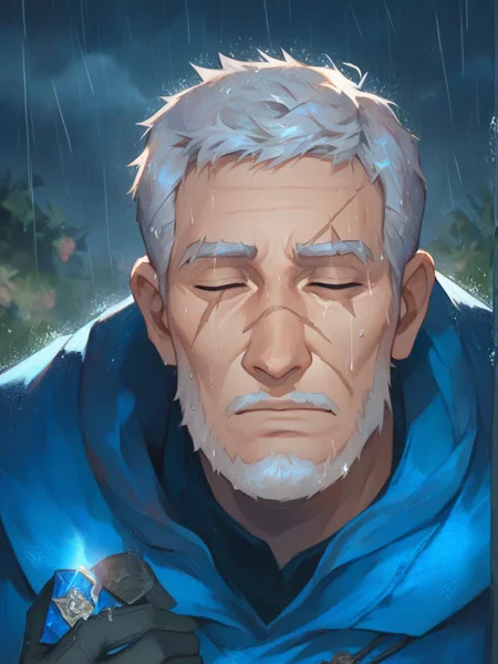 (score_9, score_8_up:1.1), score_7_up, masterpiece, <lora:Indigo_Elder_Limbus_Company:1>, IIndigoElder, solo, looking at viewer, short hair, grey hair, beard, scar on face, gloves, 1boy, holding harpoon, male focus, blue coat, facial hair, rain, blue cigarette, old, mature male, closed eyes