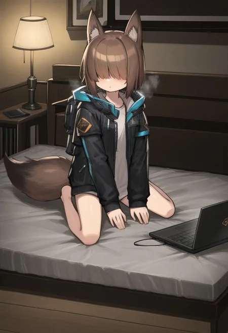 One girl,brown hair, fox ears with white tip,((((jacket)))),prosthetic legs, tail,jacket
Grey indoor background  (((((sitting)))
Hair covering eye, Cold light on top,small lamp on table, ruanyi0716,bed,laptop,fan,((((warm light)))))