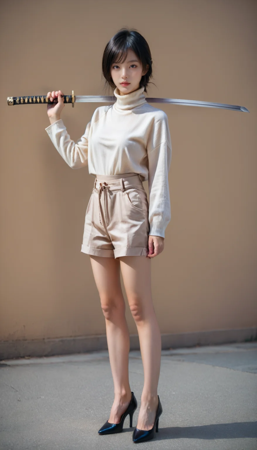 1girl, bare legs, high heels, black hair, wearing shorts, Turtleneck, stand, outdoor, realistic, photorealistic, simple background, Side-swept bangs, masterpiece, best quality, 8k, score_9, score_8_up, score_7_up,
(holding katana, katana, katana over shoulder),
<lora:katana-over-shoulder:0.8>
