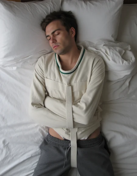 An aesthetic photoshoot, top-view shot of a man on a bed. The main subject is a handsome man with short brown hair, a sculpted jawline, and fair skin. He is wearing a white sjposey and grey sweatpants. He is lying on his back in bed. His expression is tense, with furrowed brows and tightly closed eyes, suggesting discomfort or a troubled sleep. The bed features crumpled white linen sheets and a fluffy white comforter, partially pulled down to his waist. The overall atmosphere is intimate and slightly unsettling, with soft morning light filtering through a nearby window, casting gentle shadows across the room.
<lora:straitjacketflux-posey:1.1> <lora:amateurphoto-6version:0.8>