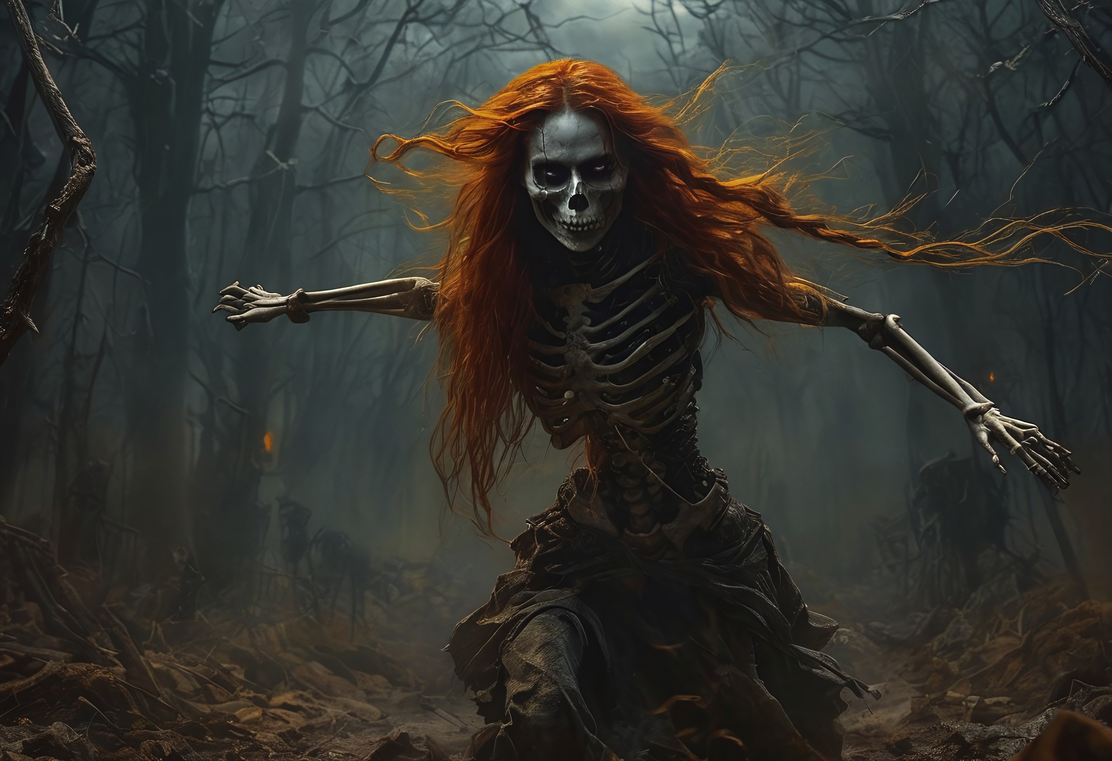 O photo of a skeleton woman with long red hair Dark Art Painting Style in a horror movie cinematic style, dark, moody, dark fantasy style,bonex,skeleton,horror scene, dark, glowing eyes of yellow,horror scene,dark rooms in a bedroom at a home, dark gloomy, she screams and lunges at the viewer with feet off the ground and reaching viewer as she races thru the air to attack, mouth open showing rows of deadly sharp teeth with distinct long ranges on the top and bottom rows of teeth, her eyes glow yellow with rage, her hair now floats in all direction in the air by a paranormal force.