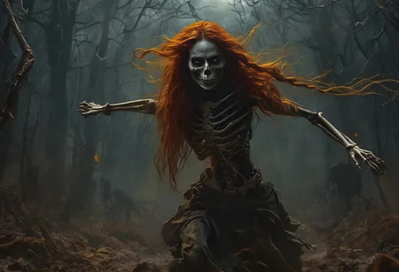 O photo of a skeleton woman with long red hair Dark Art Painting Style in a horror movie cinematic style, dark, moody, dark fantasy style,bonex,skeleton,horror scene, dark, glowing eyes of yellow,horror scene,dark rooms in a bedroom at a home, dark gloomy, she screams and lunges at the viewer with feet off the ground and reaching viewer as she races thru the air to attack, mouth open showing rows of deadly sharp teeth with distinct long ranges on the top and bottom rows of teeth, her eyes glow yellow with rage, her hair now floats in all direction in the air by a paranormal force.