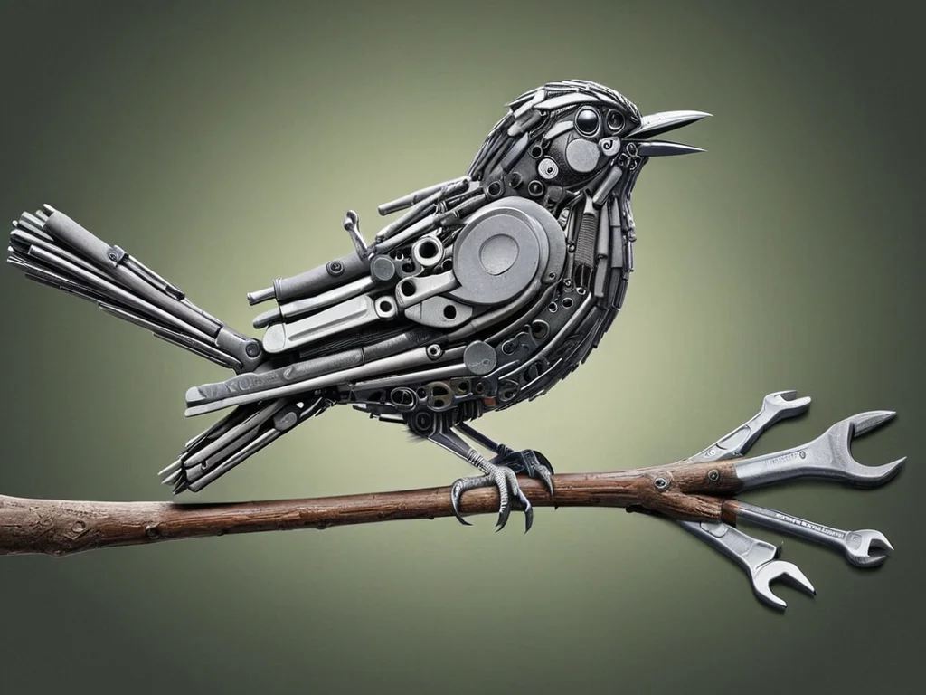 a bird sitting on a branch made of tools <lora:tools-world-morph:1>