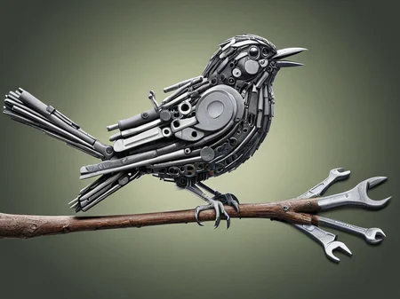 a bird sitting on a branch made of tools <lora:tools-world-morph:1>