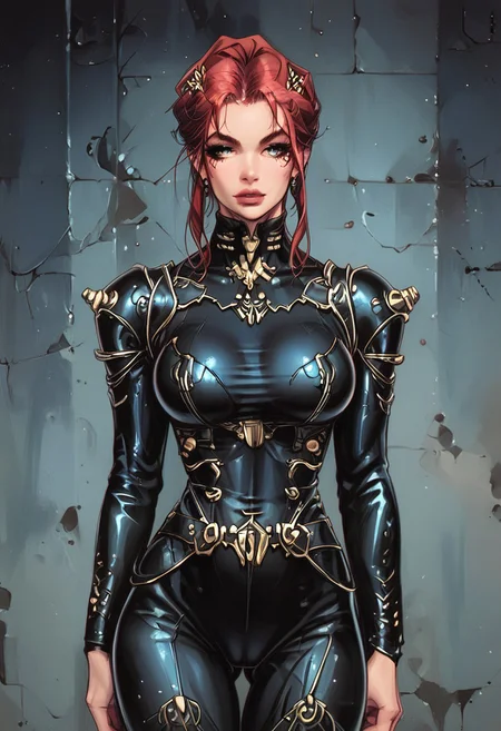 score_9, score_8_up, score_7_up, score_6_up, source_cartoon, rating_explicit, Expressiveh, dynamic pose, front view, (((1girl))), short red hair, realistic drawing, anime, sharp highly detailed 2d illustration, comic art, (hyperrealism, soft light, sharp), (anime:0.5),big ass, thick thighs, cameltoe, fit, abs, high-tech red bodysuit, beautiful, charming, cute, sweet. Seductive and suggestive pose, big natural breasts (((full-clothed))), cyberpunk, standing in spaceship, looking to us,teasing, posing, sci-fi, spaceship background, detailed background, dark theme, low light, highly detailed, intricate, solo, detailed skin texture, Expressiveh, vivid colors, digital artwork,