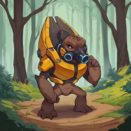 score_9, score_8_up, score_7_up, score_6_up, score_5_up, score_4_up, halogrunt, 1boy, lizard, alien, forest, yellow armor, backpack, full body, gas mask <lora:HaloGruntPonyV2-03:1>