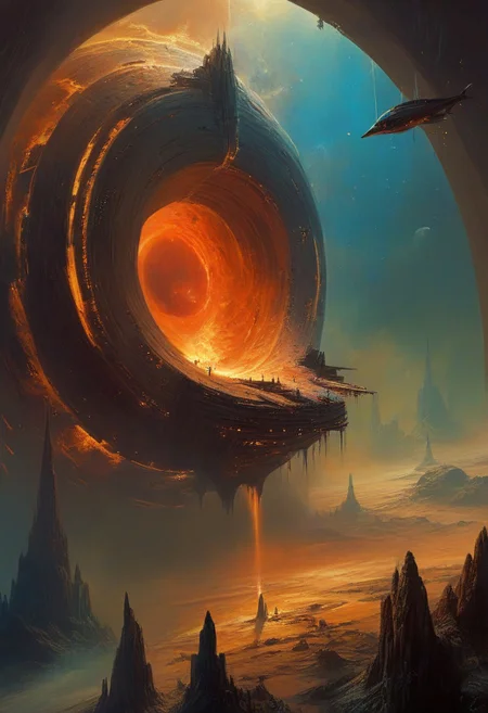 best quality, masterpiece, painting, concept art, ((((High angle From avove, camera from above, Bird's-eye view, aerial shot view)))), In the heart of the absurdes, a giant black hole consumed fantasy village.The village within are portrayed with intricate detail, surreal masterpiece of contrast, blending the energy of fantasy village with the scifi aesthetic of a giant black hole,mix of science fiction and fantasy,deadly void,swirling,attraction,interaction,low gravity,scifi dark fantasy,vibrant colors,dramatic,tragic,melancholy,dark dream,cosmic horror,alienscape,dreamscape,otherworldy,professional,perfection,visually stunning,mesmerizing,disturbing,mystical touch,highly detailed, intricate,painted in high resolution,close-up, primary colors, no gradients, illustration, (no humans:1.3)
<lora:John Harris Style:0.8> John Harris Style page,Arik roper,Ben Templesmith