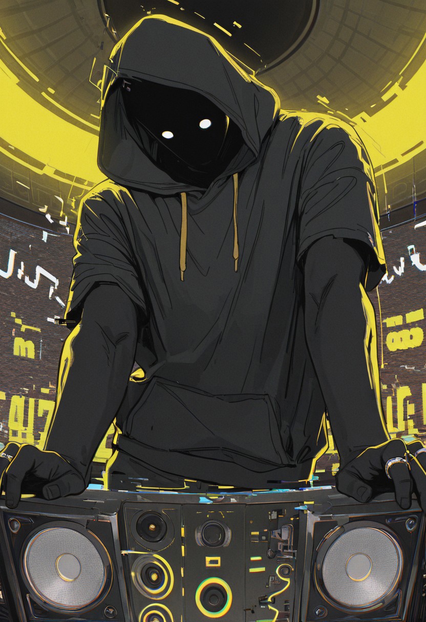 <lora:Layout1_IL:0.7> layout1, masterpiece, best quality, amazing quality, very aesthetic, absurdres, newest, lines, screen, glitch, huge speaker at the center, ring of neon light, sound wave, sound lines, masterpiece, best quality, pose, dynamic angle, dynamic shot, 1boy, solo, (mature:1.2), hood, short sleeve, hoodie, black face, poster art, abstract, collage, (random textures, glitch effect:1.2), yellow and black color palette, soft lighting, limited palette, (glitch:1.4), gltich background, male, 2.5D,