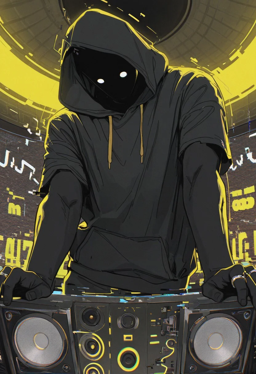 <lora:Layout1_IL:0.7> layout1, masterpiece, best quality, amazing quality, very aesthetic, absurdres, newest, lines, screen, glitch, huge speaker at the center, ring of neon light, sound wave, sound lines, masterpiece, best quality, pose, dynamic angle, dynamic shot, 1boy, solo, (mature:1.2), hood, short sleeve, hoodie, black face, poster art, abstract, collage, (random textures, glitch effect:1.2), yellow and black color palette, soft lighting, limited palette, (glitch:1.4), gltich background, male, 2.5D,