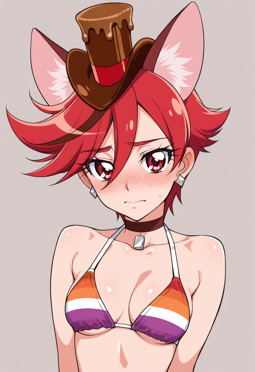 zero-kunwakimesekunanka, masterpiece,, anime coloring,, simple shading
BREAK
,park,,looking at viewer, embarrassed, shy
 BREAK
,,,(1girl:1.4),, kirakira precure a la mode,cure chocolat,chocolat cure,short hair ,red hair,multicolored hair,brown hair,two-tone hair,streaked hair,red eyes ,,,round breasts, medium breasts ,,(upper lip:1.1) , BREAK 
lesbian pride bikini