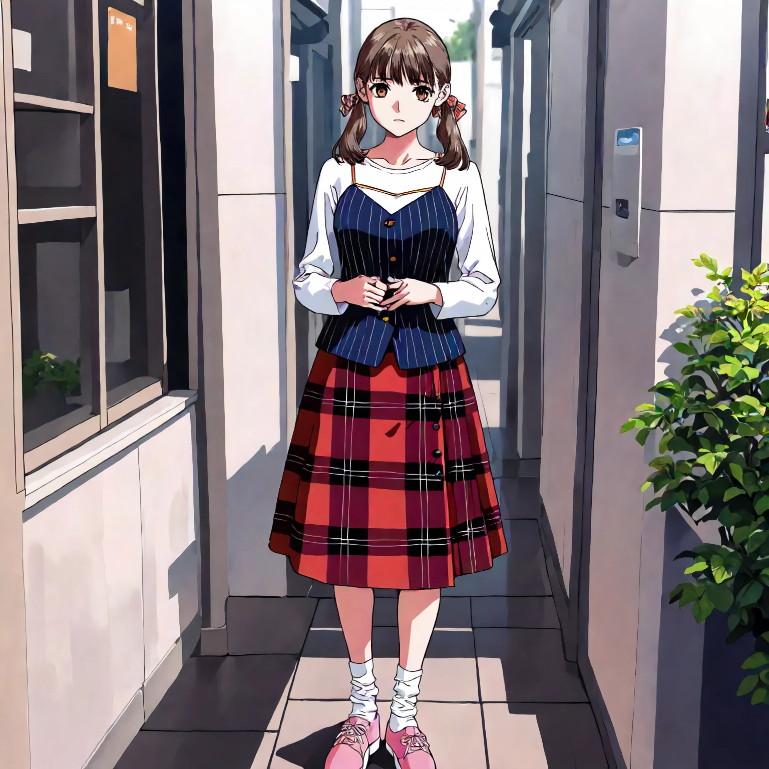 <lora:YS_AyanaFujisawaXLIllustrious004>,
masterpiece,best quality,good quality,newest,
detailed background,
looking at viewer,
solo,
AyanaFujisawa,1girl,brown hair,low twintails,brown eyes,
white shirt,long_sleeves,spaghetti strap,horizontal pinstripe vest,blue vest,
plaid_skirt,red skirt,
socks,pink footwear,
standing,