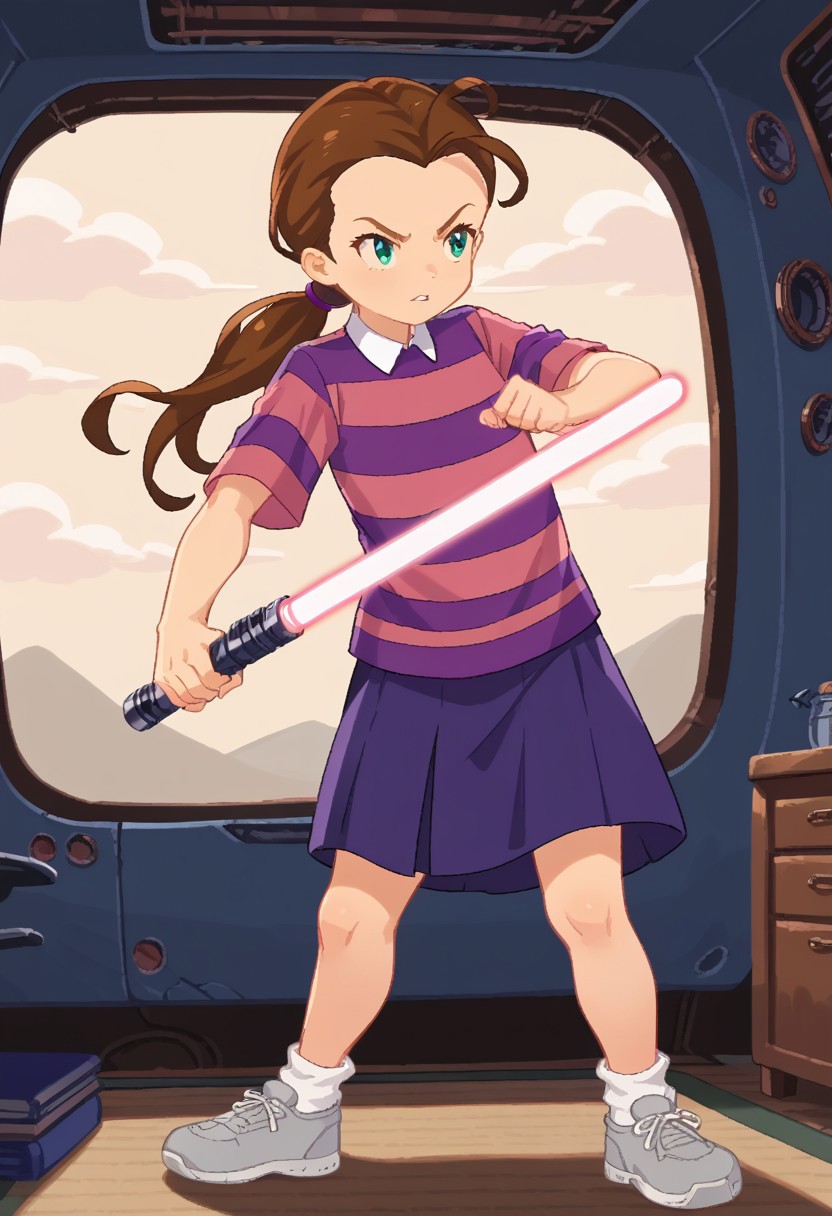score_8, score_8_up, score_7_up, source_anime, anime screenshot, 1girl, female focus, solo, Sal_MRM, brown hair, single bang, low ponytail, ponytail holder, green eyes, collared shirt, striped shirt, short sleeves, purple shirt, pink shirt, purple skirt, white socks, ankle socks, sneakers, grey footwear, full body, standing, fighting stance, holding sword, lightsaber, indoors, spacecraft interior, facing viewer,