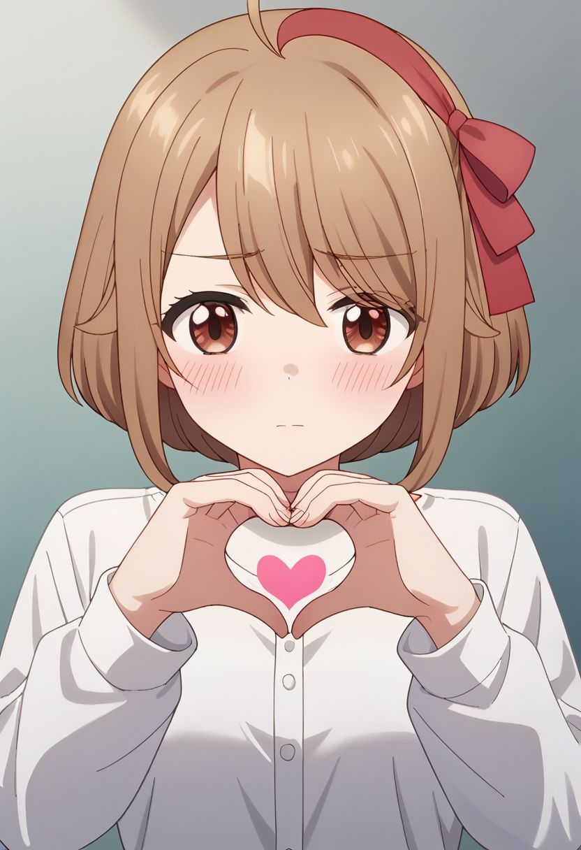 score_9, score_8_up, score_7_up,tsumugi tsutsumi, brown hair, short hair, brown eyes, 1girl, solo,heart hands, heart, solo, looking at viewer, long sleeves, ahoge, ribbon, red ribbon, hair ribbon, shirt, blush, closed mouth, white shirt, upper body, hair between eyes