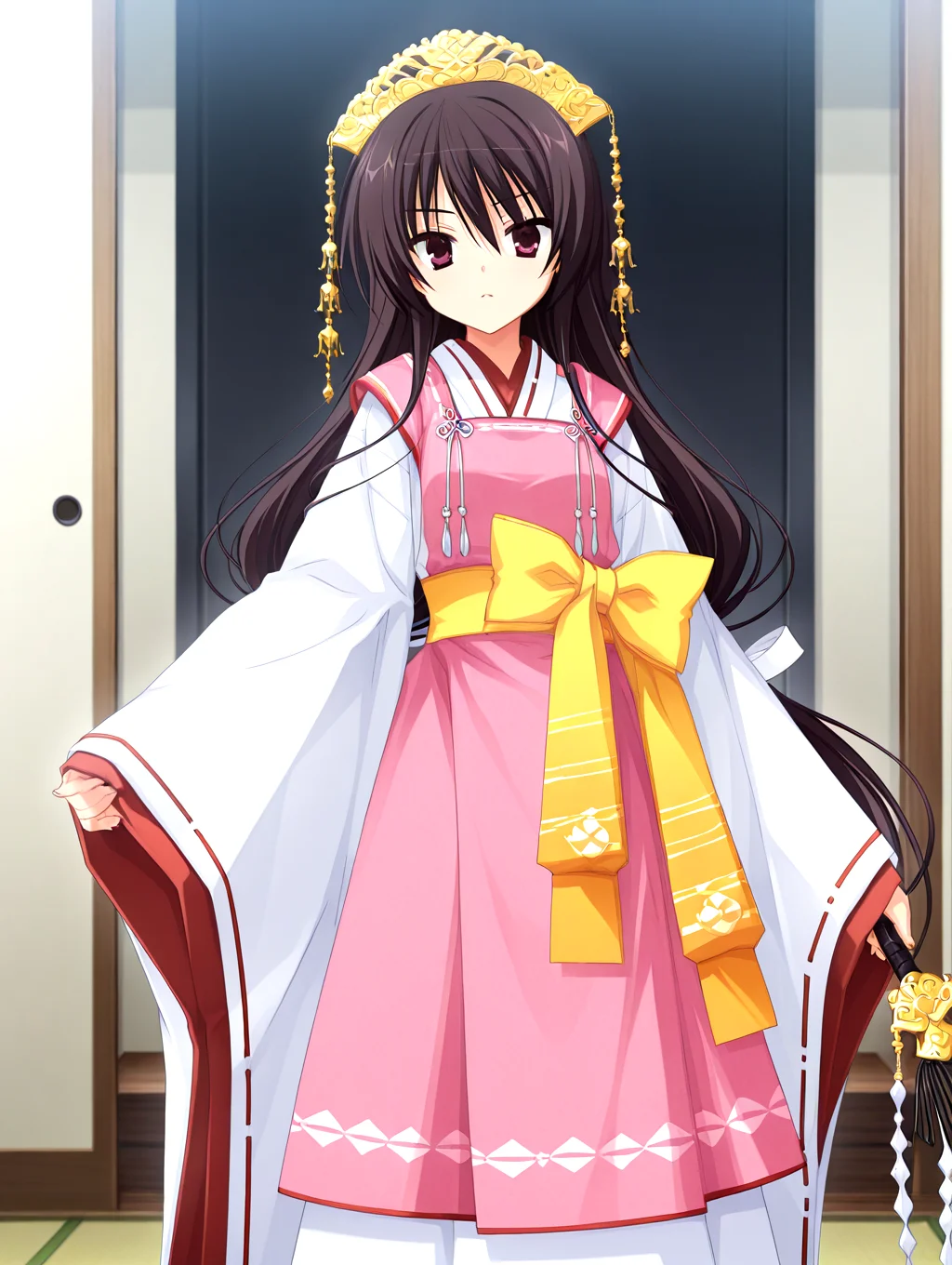 masterpiece,best quality,newest,absurdres,highres,detailed eyes,beautiful,detailed background,solo,perfect eyes,anime coloring,full_shot,anime screencap,
nsfw,explicit,<lora:add-detail-xl:1>,<lora:ponyv4_noob1_2_adamW-000017:0.8>,wear clothes,
1girl,
looking at viewer,standing,
<lora:il-unohana-sakuya-KAMI:1>,il-unohana-sakuya,1girl,ukami outfit,solo,very long hair,wearing a pure white furisode kimono with long flowing sleeves and a floor-length hem,layered with red and pink fabrics,a  pink upper long apron integrated into the outfit,shrine maiden ceremonial outfit,golden headdress,yellow bow on waist,elegant white gown with a trailing hem,a ceremonial deep red pleated inner garment trailing beneath the outer white kimono,
holding closed black fan,
