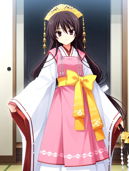 masterpiece,best quality,newest,absurdres,highres,detailed eyes,beautiful,detailed background,solo,perfect eyes,anime coloring,full_shot,anime screencap,
nsfw,explicit,<lora:add-detail-xl:1>,<lora:ponyv4_noob1_2_adamW-000017:0.8>,wear clothes,
1girl,
looking at viewer,standing,
<lora:il-unohana-sakuya-KAMI:1>,il-unohana-sakuya,1girl,ukami outfit,solo,very long hair,wearing a pure white furisode kimono with long flowing sleeves and a floor-length hem,layered with red and pink fabrics,a pink upper long apron integrated into the outfit,shrine maiden ceremonial outfit,golden headdress,yellow bow on waist,elegant white gown with a trailing hem,a ceremonial deep red pleated inner garment trailing beneath the outer white kimono,
holding closed black fan,