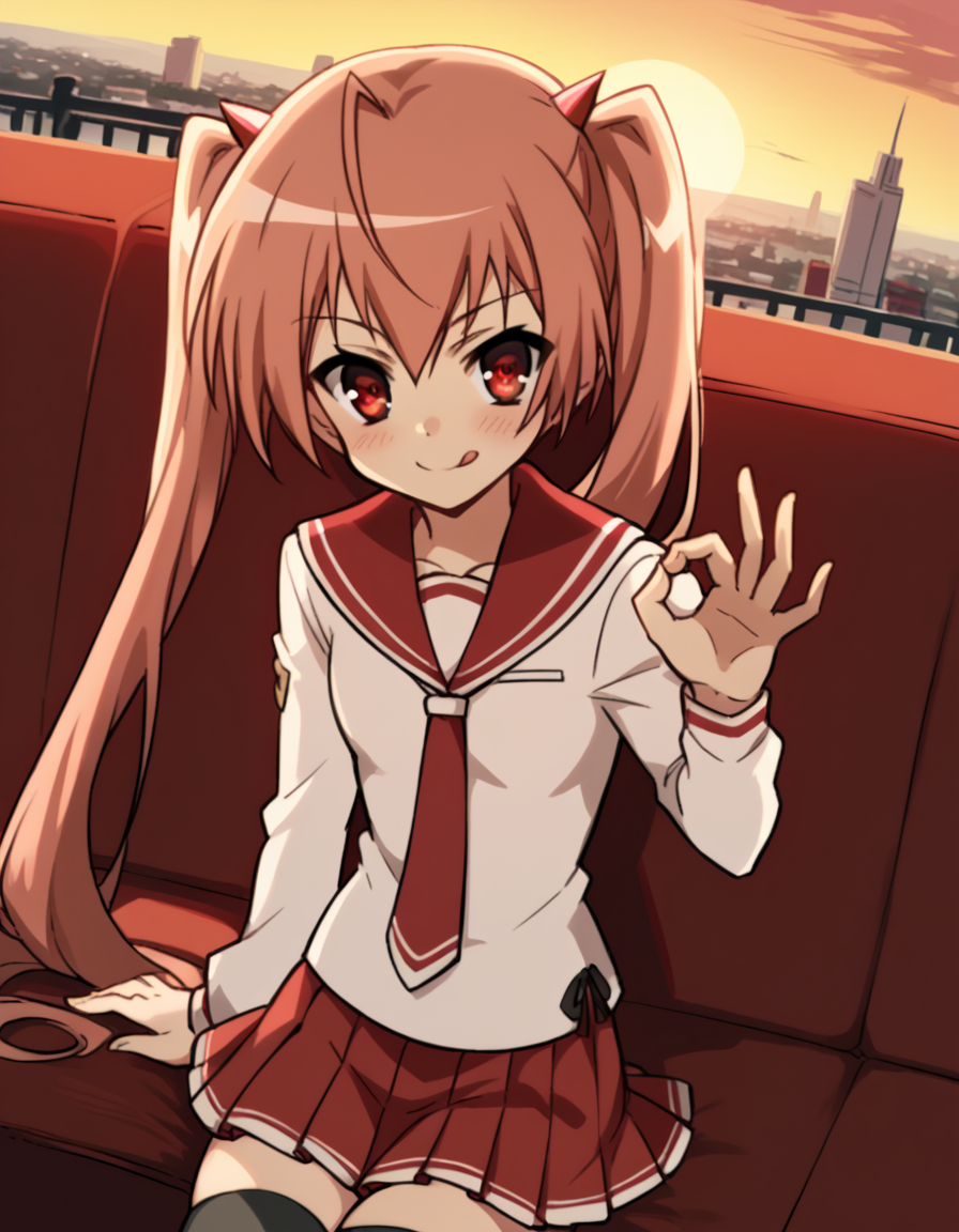 score_9, score_8_up, score_7_up, source_anime, <lora:aria-holmes-kanzaki-s1-ponyxl-lora-nochekaiser:1>, aria holmes kanzaki, long hair, red eyes, twintails, pink hair,, skirt, thighhighs, school uniform, serafuku, zettai ryouiki, white shirt, long sleeves, red sailor collar, necktie, red necktie, red skirt, pleated skirt,, rooftop, sunset, cityscape, quiet moment, wind blowing, contemplative, smile, <lora:money-gesture-ponyxl-lora-nochekaiser:1>, money gesture, blush, sitting, couch, arm support, smile, tongue out, knee up, from above, looking at viewer, solo,, dutch angle, cowboy shot