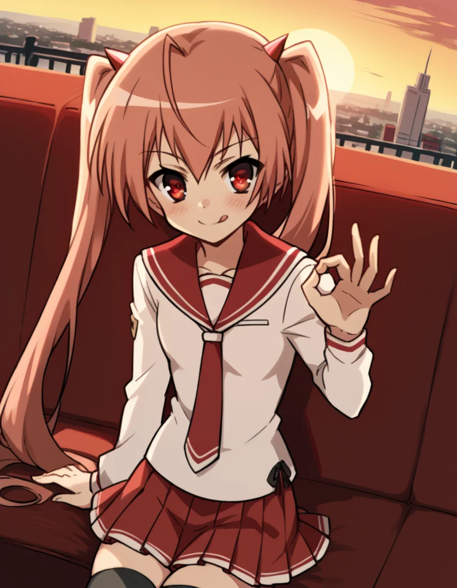 score_9, score_8_up, score_7_up, source_anime, <lora:aria-holmes-kanzaki-s1-ponyxl-lora-nochekaiser:1>, aria holmes kanzaki, long hair, red eyes, twintails, pink hair,, skirt, thighhighs, school uniform, serafuku, zettai ryouiki, white shirt, long sleeves, red sailor collar, necktie, red necktie, red skirt, pleated skirt,, rooftop, sunset, cityscape, quiet moment, wind blowing, contemplative, smile, <lora:money-gesture-ponyxl-lora-nochekaiser:1>, money gesture, blush, sitting, couch, arm support, smile, tongue out, knee up, from above, looking at viewer, solo,, dutch angle, cowboy shot