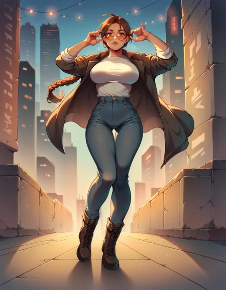 score_9, score_8_up, score_7_up,
laracroftxl, 1girl, solo, large breasts, full body,
open jacket, leather,cityscape, city lights, jeans,boots, white shirt, round eyewear, tinted eyewear,
<lora:LoraCroftxl:0.8>