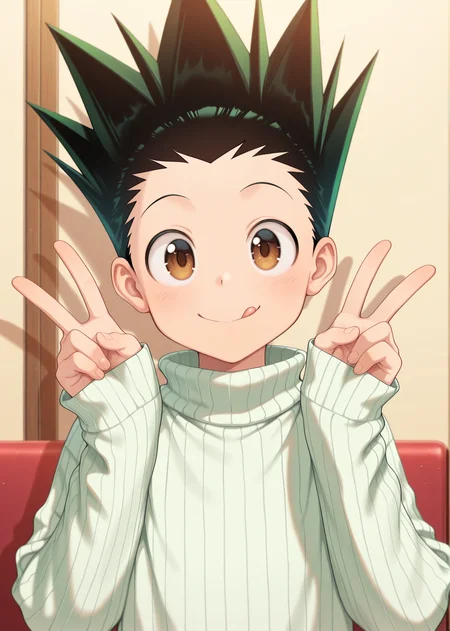 masterpiece, best quality, absurdres, amazing quality, 1boy, solo, <lora:IlluGon-000010:1> illugon, black hair, green hair, spiked hair, brown eyes, turtleneck sweater, ribbed sweater, sleeves past wrists, upper body, smile, hands up, double v, tongue out, closed mouth,