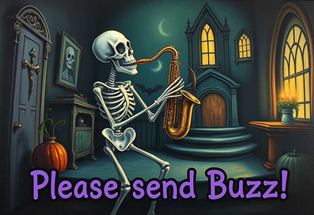fantasy oil painting where an animated skeleton enthusiastically plays the saxophone inside of a spooky haunted mansion, purple text along the bottom middle of the painting spells out the words "Please send Buzz"