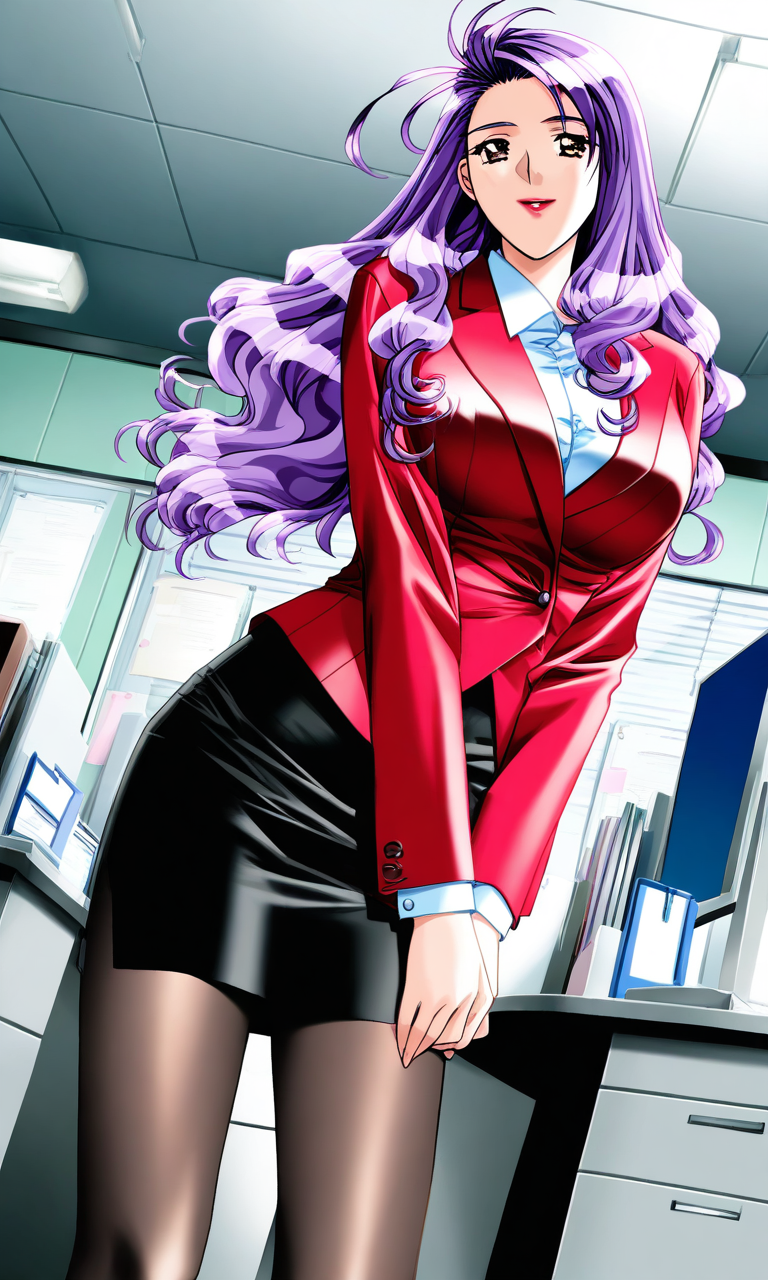 general,highres, ultra-detailed,very aesthetic,best quality ,best hands, BREAK <lora:Katagiri_Mirei_Doukyuusei2_IS:1>
Katagiri_Mirei(Doukyuusei2), 1girl, solo, purple hair, long hair, red lipstick, brown eyes, large breasts,
pantyhose, standing, skirt,  looking at viewer,  smile, shirt, formal, black pantyhose, indoors, 
 white shirt, pencil skirt, suit, desk, red jacket, v arms,
 office, long sleeves, black skirt, office lady, buttons,