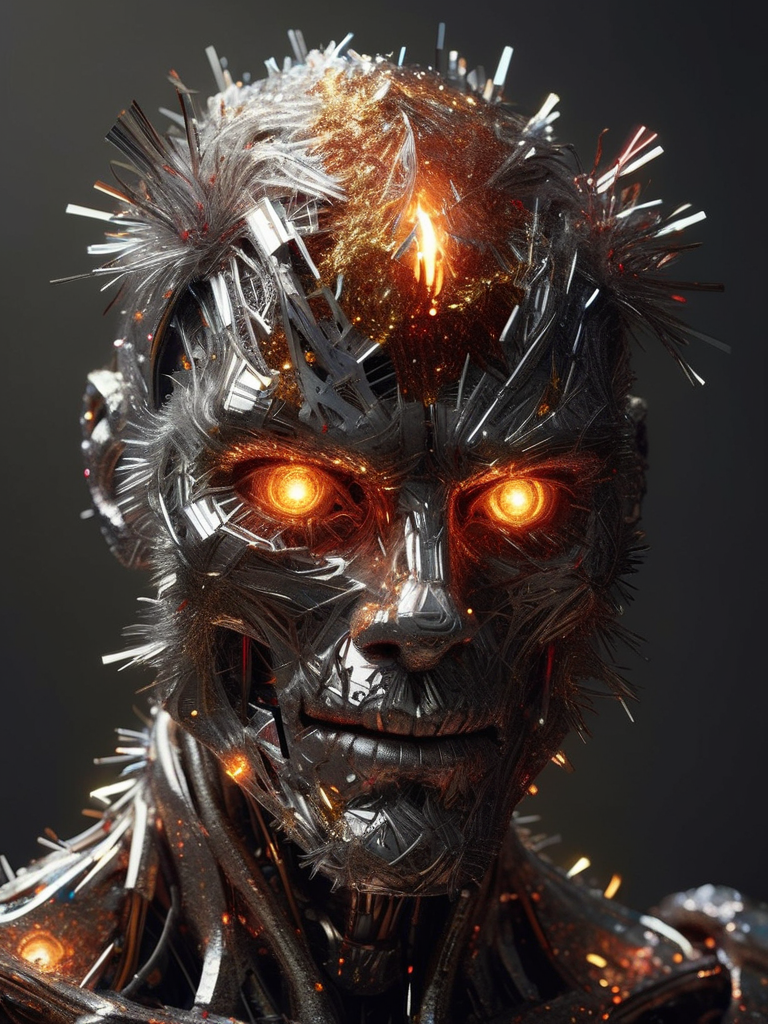 The artwork features a humanoid ral-tinsel robot with a natural human head and skin, engulfed in fiery flames that dance across its metallic body. The character has an angry expression on its face, snarling to emphasize its powerful physique and imposing presence. The artwork incorporates Bastien Lecouffe-Deharme's style for a unique blend of realism and fantasy elements, with niji style used to enhance the overall visual experience. The mood is intense and dramatic, with a dark smoky background adding depth to the scene. Every detail is hyper-detailed and sharply focused, adhering strictly to the rule of thirds for composition. The artwork is a captivating piece that showcases the artist's skill in creating visually stunning and emotionally charged images, <lora:ral-tinsel-sdxl:0.6>
