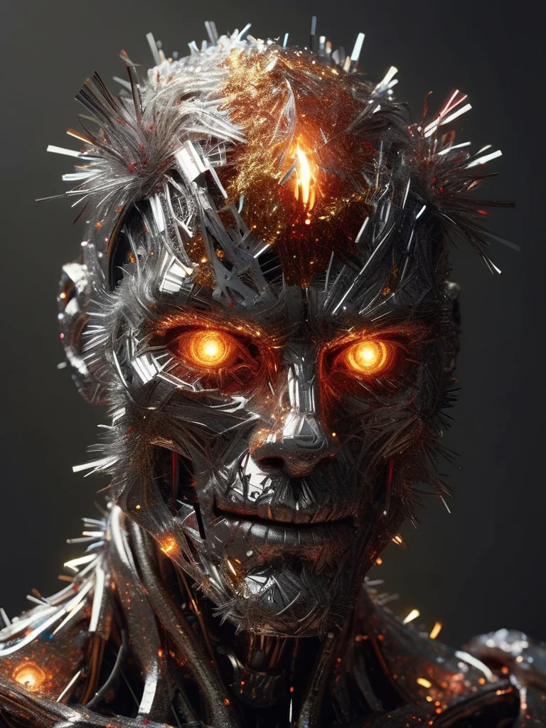 The artwork features a humanoid ral-tinsel robot with a natural human head and skin, engulfed in fiery flames that dance across its metallic body. The character has an angry expression on its face, snarling to emphasize its powerful physique and imposing presence. The artwork incorporates Bastien Lecouffe-Deharme's style for a unique blend of realism and fantasy elements, with niji style used to enhance the overall visual experience. The mood is intense and dramatic, with a dark smoky background adding depth to the scene. Every detail is hyper-detailed and sharply focused, adhering strictly to the rule of thirds for composition. The artwork is a captivating piece that showcases the artist's skill in creating visually stunning and emotionally charged images, <lora:ral-tinsel-sdxl:0.6>