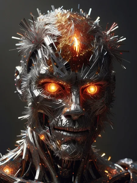 The artwork features a humanoid ral-tinsel robot with a natural human head and skin, engulfed in fiery flames that dance across its metallic body. The character has an angry expression on its face, snarling to emphasize its powerful physique and imposing presence. The artwork incorporates Bastien Lecouffe-Deharme's style for a unique blend of realism and fantasy elements, with niji style used to enhance the overall visual experience. The mood is intense and dramatic, with a dark smoky background adding depth to the scene. Every detail is hyper-detailed and sharply focused, adhering strictly to the rule of thirds for composition. The artwork is a captivating piece that showcases the artist's skill in creating visually stunning and emotionally charged images, <lora:ral-tinsel-sdxl:0.6>